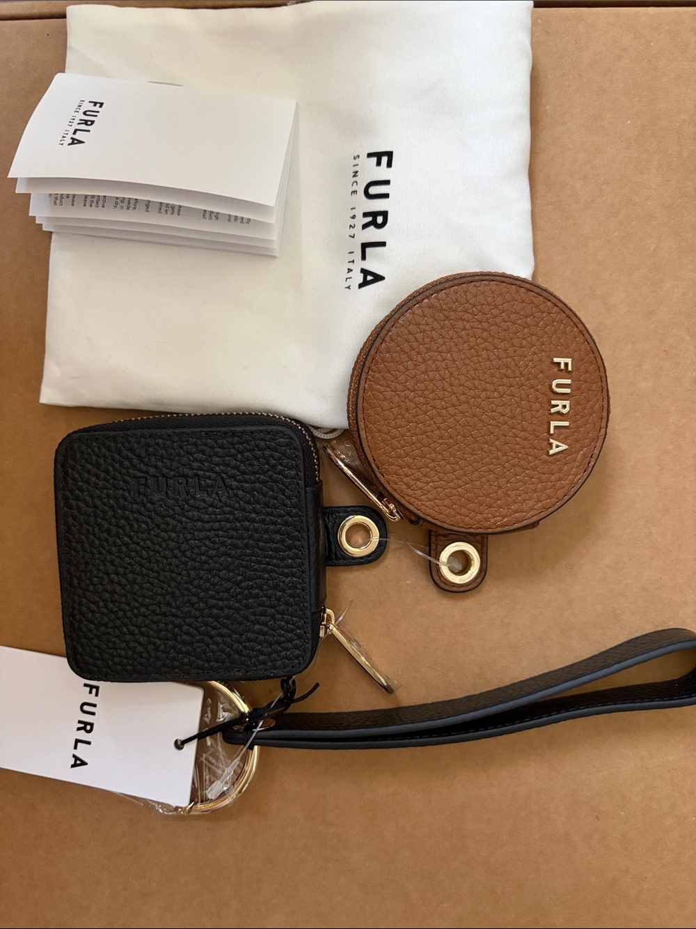 Furla Brown Round & Black Square Pebbled Leather Coin Pouches -New